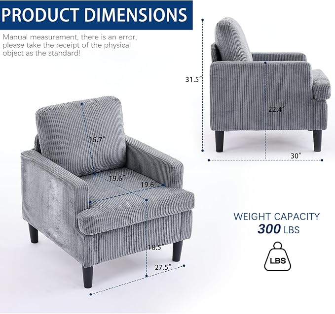 Modern Accent Chair Cozy Living Room Chairs Mid Century Modern Accent Chairs Reading Chair with Armrests for Living Room Bedroom and Study（Grey）