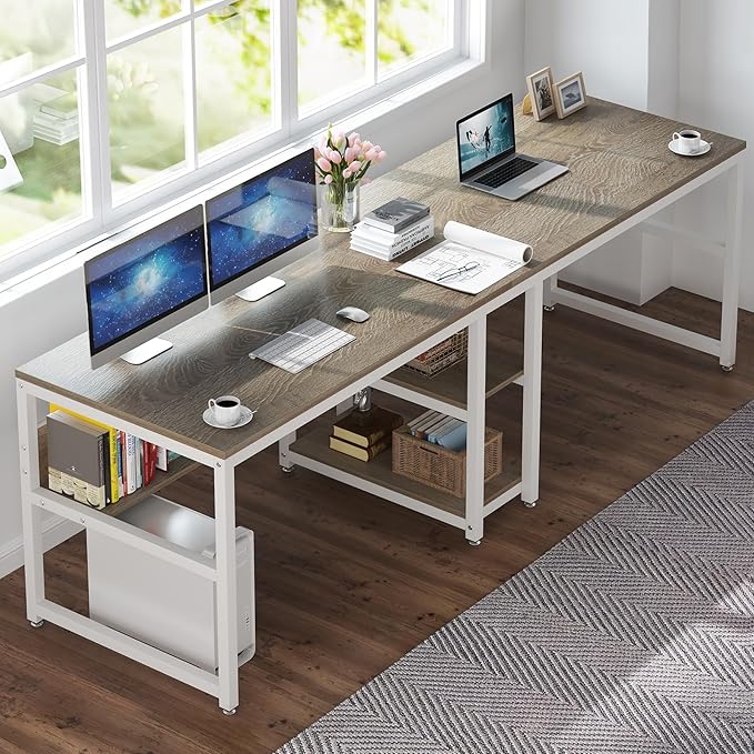 Tribesigns Two Person Desk with Bookshelf 78.7 Computer Office Double Desk for Two Person Rustic Writing Desk Workstation with Shelf for Home Office (Gray/White)