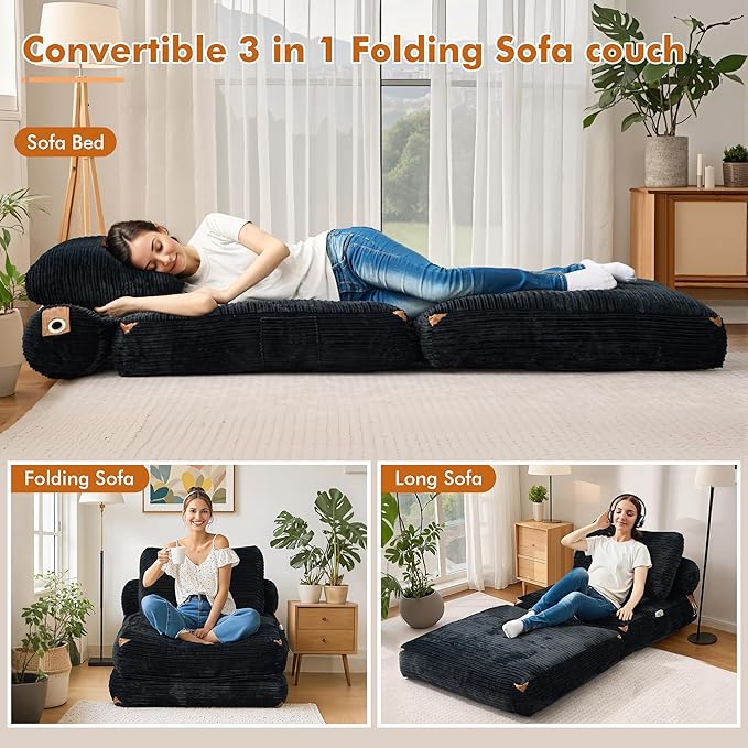 Folding Sofa BedComfy Sleeper Chair Foldable Mattress with Pillow &amp Back SupportPortable Fold Out Chair Bed Floor Convertible Lounge Sofa Couch for Living Room Bedroom (Black)