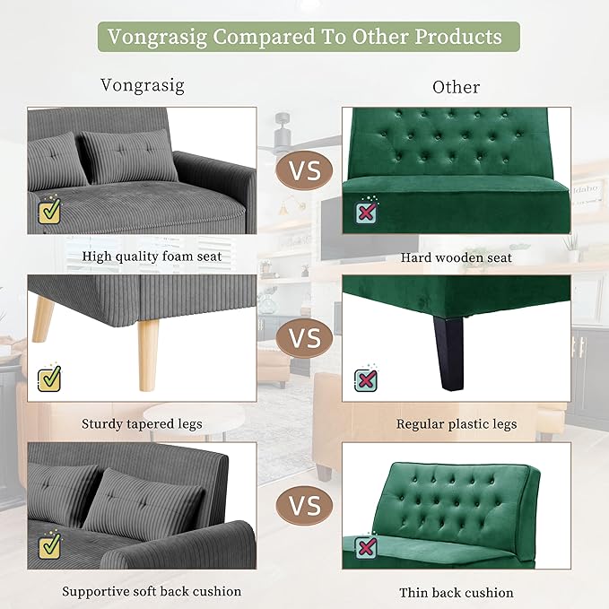Vongrasig 48 Small Modern Loveseat Sofa Mid Century Soft Corduroy Fabric 2-Seat Sofa Couch Tufted Love Seat with Back Cushions and Tapered Legs for Living Room Bedroom and Small Space (Dark Gray)