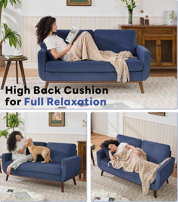 Tbfit Corduroy Couch for Living Room Mid Century Modern Sofa with Spring Cusions for BedroomComfy Upholstered Couches Easy Assembly with Solid Wood Legs &amp 2 Pillows (Blue 65inch)