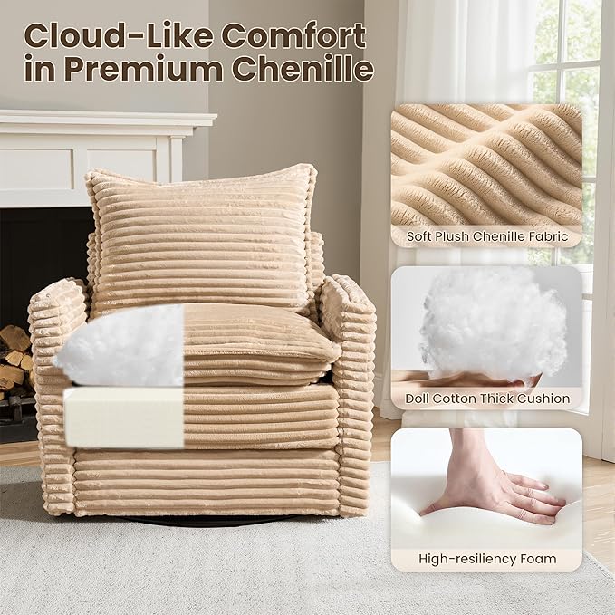 Swivel Accent Chair Set of 2 Modern Sofa Chairs for Living Room Plush Upholstered Cloud Chair with Double Layer Thick Cushions Bedroom Reading Nook Armchair Beige