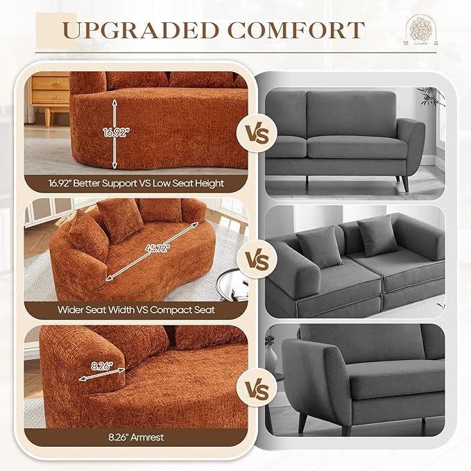 60 Curved Sectional Sofa for Small Spaces - Plush Chenille Modern Cloud Loveseat with Pocket Springs &amp Memory Foam Boneless Floor Couch for Living Room 27.6 Extra Deep Seat No Assembly (Orang
