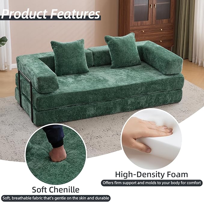 Folding Sofa Bed Convertible Sleeper Sofa Chenille Floor Couch with Pillows Fold Out Couch King Size Bed Futon Foldable Memory Foam Mattress for Living Room Bedroom Playroom (Green)
