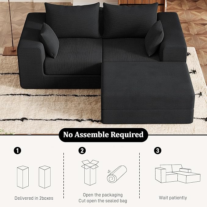 Modern Small Boneless Couch Convertible Modular Sectional Sleeper Sofa Bed Corduroy Memory Foam Cozy Modular Cloud Couch L-Shaped Cloud Sofa for Living Room No Assembly Black