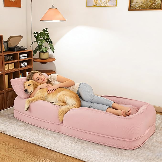 Foldable Lazy Sofa Bed Floor Chair Upholstered Human Dog Bed with 5 Adjustable Position Comfy Tatami Lounge Chair with 2 Pillows Lazy Sofa for Bedroom Living Room Reading (Pink)