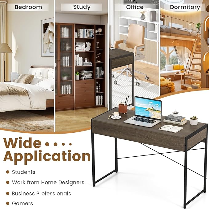 Giantex Computer Desk with 2 Drawers 44 Inch Home Office Desk with Anti-Toppling Device &amp Metal Frame Compact Laptop PC Table Vanity Table Modern Study Writing Desk for Small Spaces (Grey Oak)