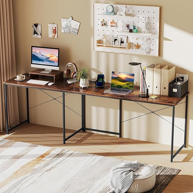 Tangkula L-Shaped Computer Desk with Power Outlets 95” Long 2-Person Desk with Monitor Shelf Modern Corner Desk Gaming Table with USB Ports for Home Office