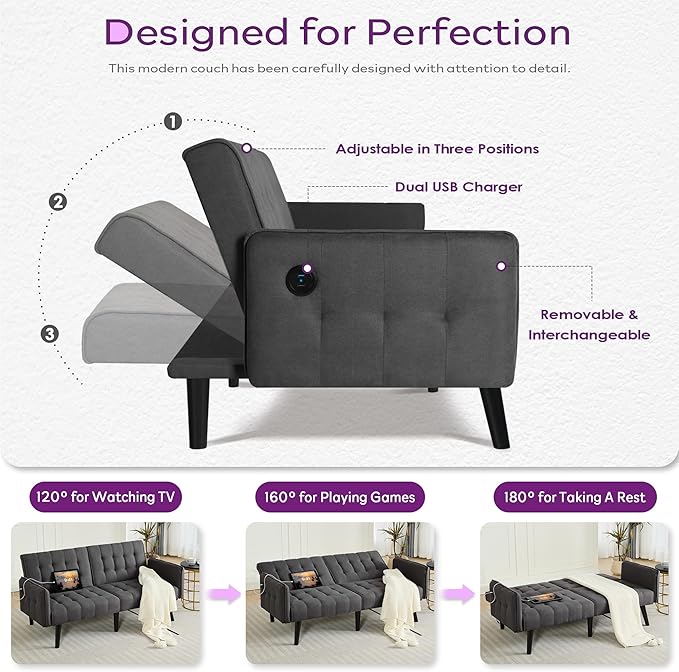 TYBOATLE 65“ Convertible Futon Sofa Bed w/ 2 USB Upholstered Tufted Small Adjustable Folding Couch Loveseat Modern Mid Century Sleeper Sofa for Living Room Bedroom Apartment Office (Dark Grey)