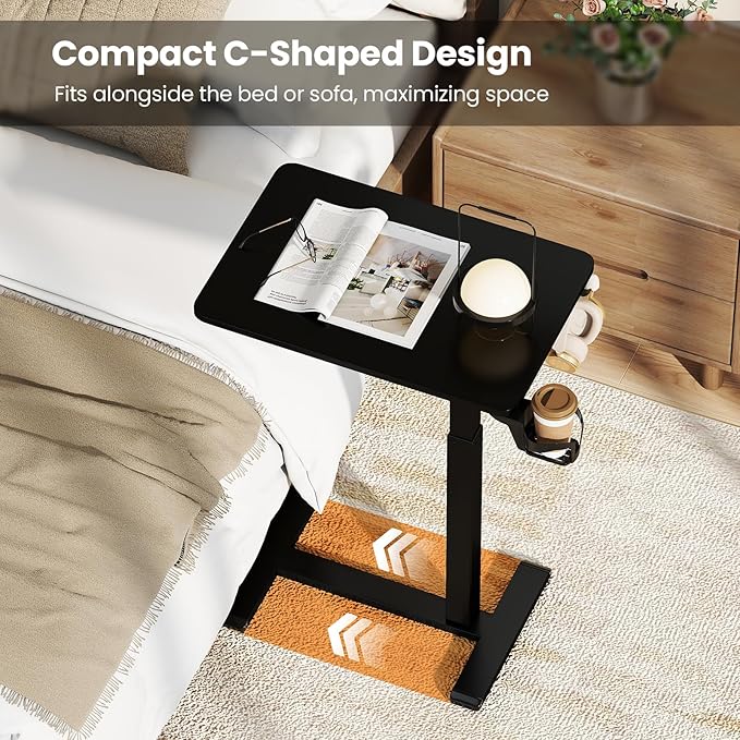 GOFLAME Rolling Standing Desk C Shaped End Table Adjustable Height with Hidden Wheels Cup Holder &amp Headphone Hook Mobile Sofa Couch Bed Side Table for Living Room Home Office (Black)