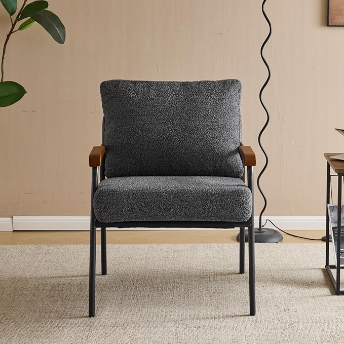 Karl home Accent Chair Modern Armchair with Metal Frame Linen Fabric Upholstory Living Room Chair Mid-Century Reading Chair with Wooden Arms for Living Room Bedroom Reading Room Apartment Gray