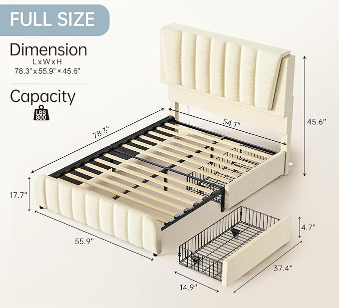 Full Bed Frame with 2 Storage Drawers Modern Linen Bed with Upholstered Headboard Bed Frame with Adjustable Upholstered Headboard &amp LED Lights No Box Spring Needed Beige