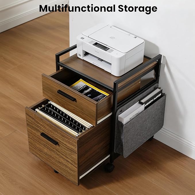 EUREKA ERGONOMIC 2-Drawer Mobile File Cabinet with Wheels Solid Wood Rolling Storage Cabinet for Home Office Space-Saving Under Desk Organization with Printer Stand Walnut