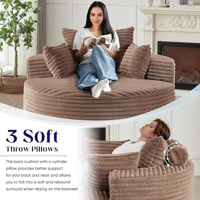 360-Degree Oversized Swivel Chair Modern Round Circle Corduroy Comfy Deep Seat Swivel Accent Chaise Lounge Sofa Chair with Back Cushion &amp 2 Throw Pillows for Living Room Bedroom Office Brown
