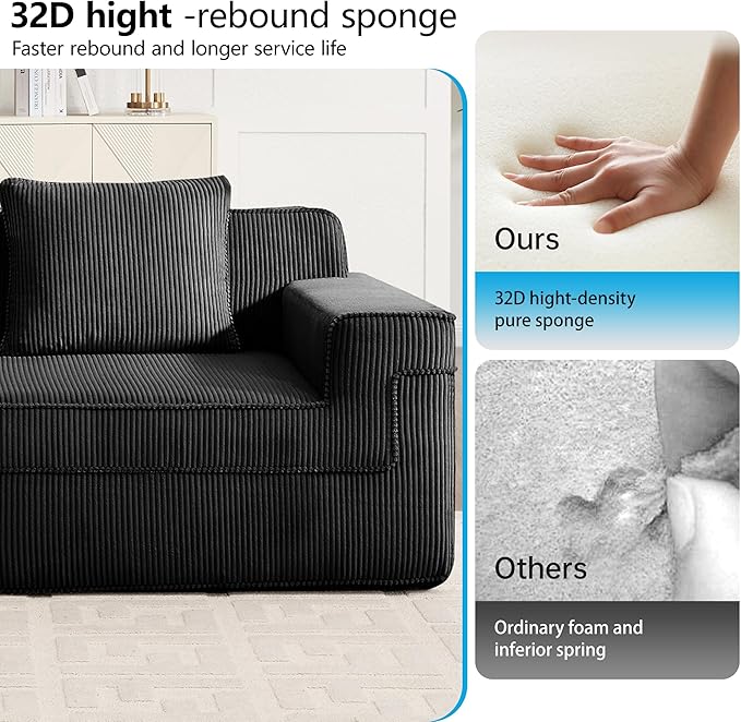 Modular Sectional Cloud Couch 153.5'' Boneless Couch Sofa with Deep Seat Corduroy Modern Sofa for Living Room No Assembly U-Shaped Black