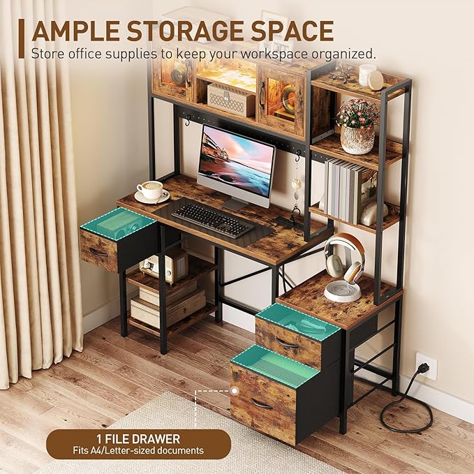 Gaming Desk with Hutch Led Computer Desk with Storage Shelves File Cabinet Gamer Desk with Drawers Pegboard Power Outlet LED Light Workstation for Home Office Black Desk with Hutch
