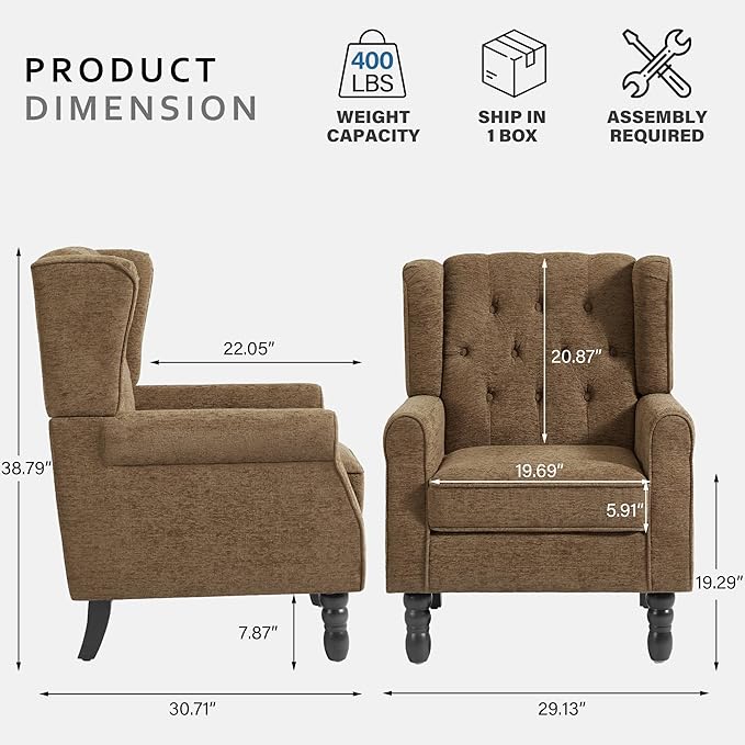 Accent Chairs Set of 2 High Back Upholstered Chair with Button Tufted Mid-Century Modern Comfy Wingback Chair Reading Armchair in Fabric for Living Room for Bedroom Office-Brown