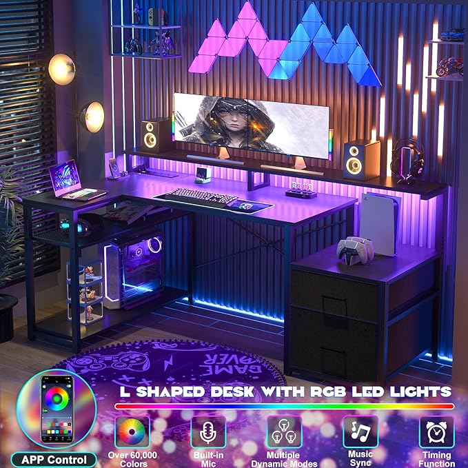 Aheaplus L Shaped Desk with File Drawer Reversible L Shaped Computer Desk Gaming Desk with Power Outlet &amp LED Strip Home Office Desk with Monitor Shelf Corner Desk with Storage Shelves Black