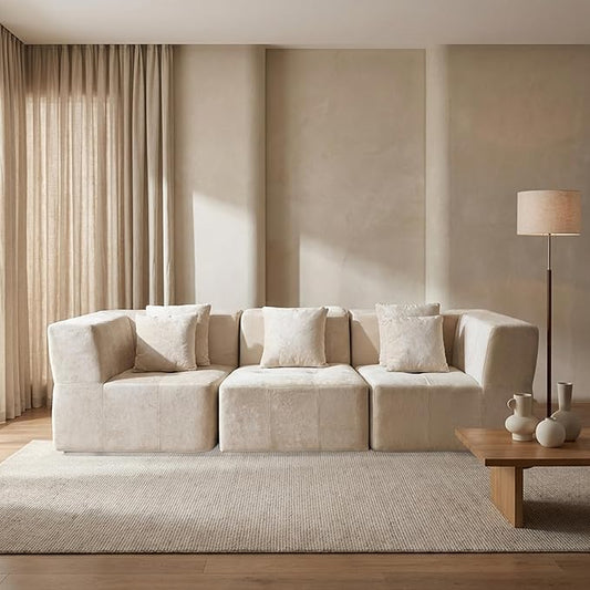 · REDEARTH · 3-Seater Modular Velvet Sectional Sofa No-Assembly Compressed Couch in a Box with Ottoman Firm Support Boneless Modular System in Plush Velvet for Living Room (3-Seater) Cream