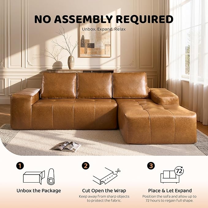 115″ Modular Sectional Sofa L-Shaped Chaise Lounge Cloud Couch with Ultra-Wide Armrests &amp Deep Seat Soft Leather Boneless Couches for Living Room No Assembly Required Brown