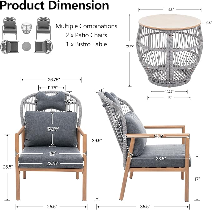 Modern Living Room Chairs Accent Chairs Set of 2 with Coffee Table Comfy Arm Chair with Cushions/Headrest Reading Lounge Chair Rattan Recliner Seating Braid Armchair for Bedroom Grey
