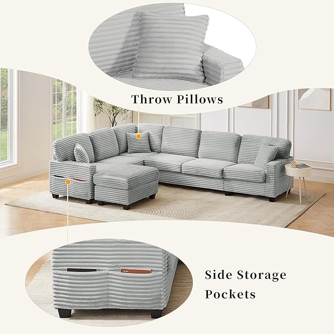 125.2 Sectional Sofa U-Shaped Upholstered Sofa L-Shaped Couch with a Movable Ottoman and Side Storage Pockets for Living Room Grey