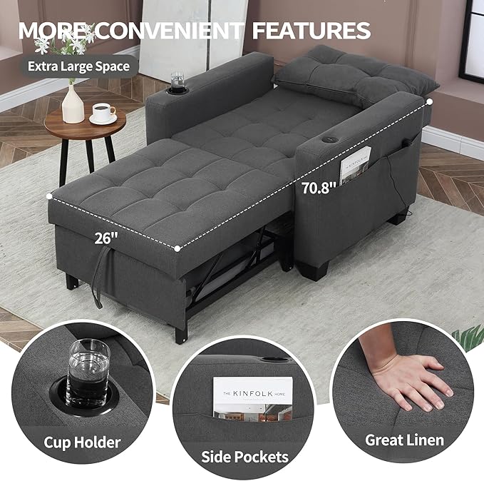 DURASPACE 36.6 Futon Chair Bed Convertible Chair 3-in-1 Pull Out Sleeper Reading Chair Beds with USB Armchair Sleeper Bed for Living Room Dorm Small Space (Dark Gray Linen)