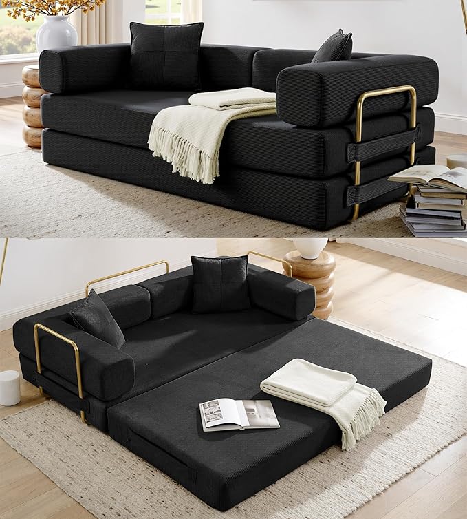 78 Convertible Sleeper Sofa Bed Corduroy Folding Sofa Bed with Fixed-Shape Frame Fold Out Floor Mattress Couch Lazy Compression Sofas for Living Room Bedroom No Assembly Required Black