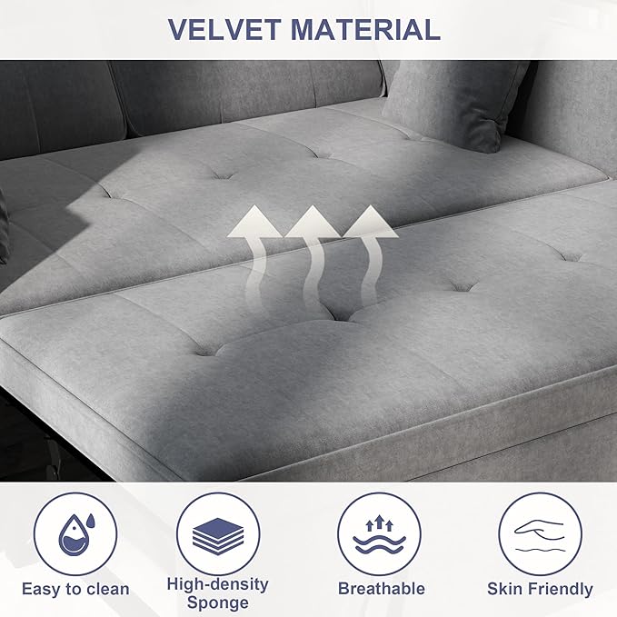 Loveseat Sleeper Sofa Bed Couch: Queen Sleeper Chair Pull Out Bed for Living Room Grey Velvet Couch Beds for Small Spaces 3 in 1 Convertible Sofa with Armrests