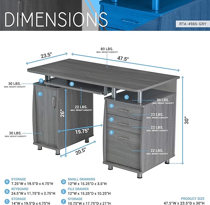 47.5'' Computer Desk with File Cabinet and Drawers Storage Cabinet with Removable Shelf and Ventilation for CPU Home Office Desk or Computer Workstation with Keyboard Tray Grey