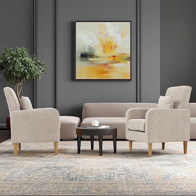 Upholstered Sofa Chair with Pillow Fabric Accent Armchair with Wooden Legs Comfy Lounge Chair for Living Room Bedroom or Office Supports up to 300 lbs (Beige)