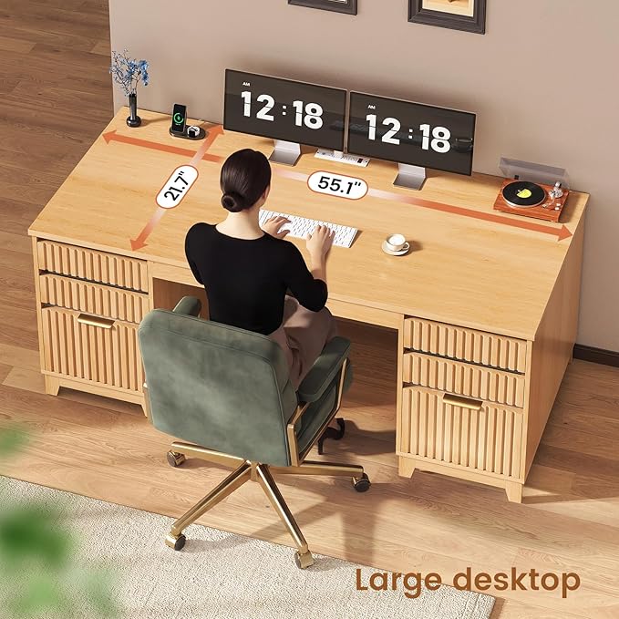 SEDETA 55.1 Fluted Office Desk with 6 Drawers Modern Executive Desk with Acrylic File Drawers Computer Desk with Power outlets for Home Office and Study Natrual