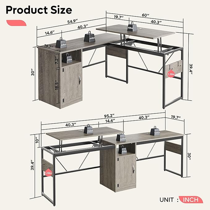 Bestier Versatile 60 Inch L-Shaped Standing Desk Lift Top Corner Desk Extending to 95 Inches with Storage Cabinet and Hooks for Home Office Washed Gray