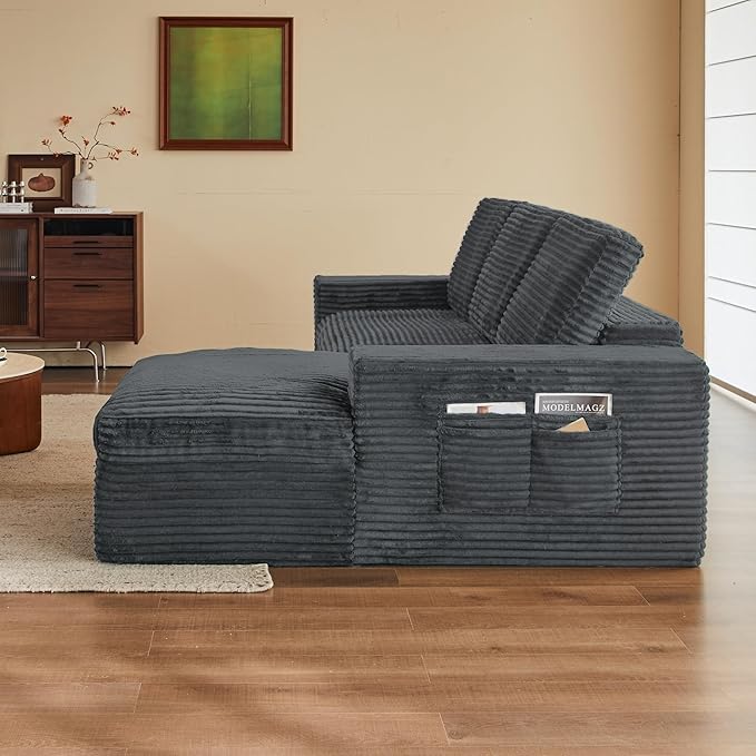 115 Modular Sectional Couch with Chaise Cloud Couch Deep Seat Fluffy Corduroy Sofa Memory Foam Boneless Couches for Living Room Bedroom No Assembly Required (Grey 115 Right Chaise)