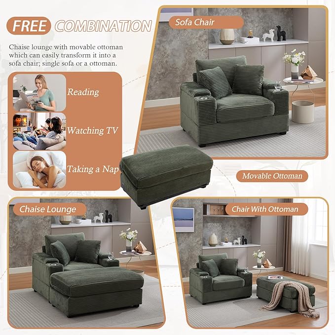 50 Oversized Chaise Lounge Chair Indoor with Ottoman and Storage Deep Seat Upholstered reading Chair Comfy Corduroy Sleeper Chair with Cup Holder Reclining Chair for Living Room Bedroom Green