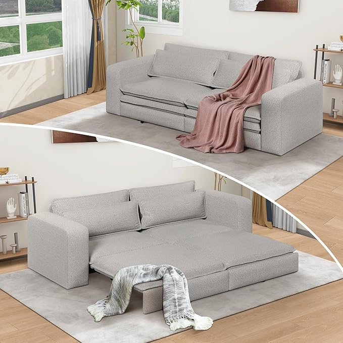 93 King Size Sofa Bed 3 in 1 Convertible Pull Out Couch Loveseat Sleeper Comfy Upholstered Teddy Sofa 3 Seater Chaise Lounge with 2 Pillows Modern Couch Bed for Living Room Grey