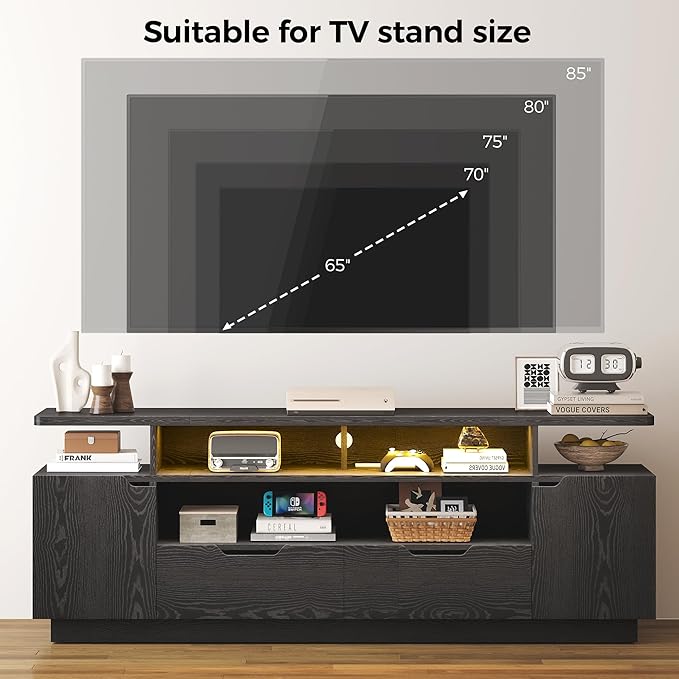 IRONCK TV Stand for TVs 85 inch with Power Outlet and LED Lights Entertainment Center with Storage Cabinets Media TV Console with Drawers Modern TV Stand for Living Room Black