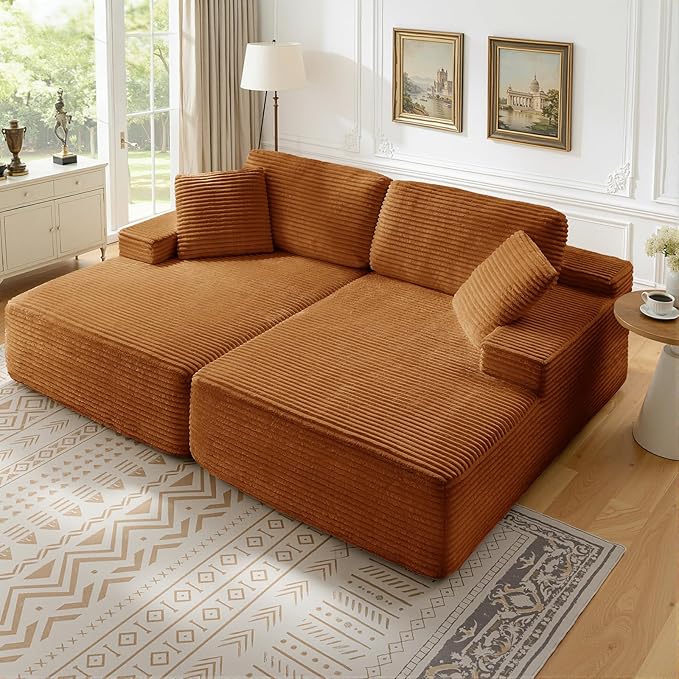 89.3” Oversized Double Chaise Lounge Indoor Orange Corduroy Chaise Lounge Chair Upholstered Sleeper Sofa Bed Deep Seat Sleeper Loveseat Reading Chairs Boneless Cloud Couch for Living Room Bedroom