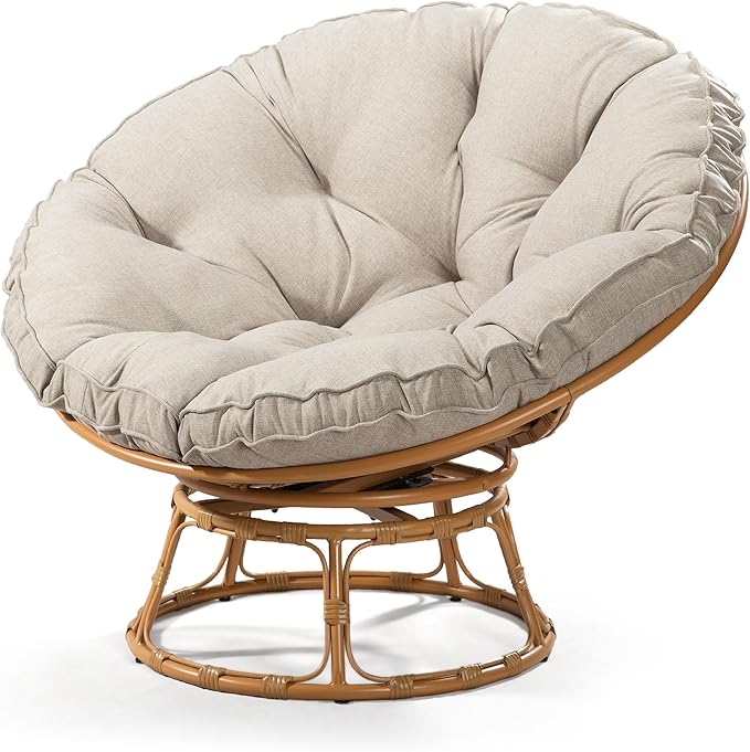 41 Papasan Chair with Cushion and 360 Degree Swivel Base Papasan Lounge Chair with Cushion and Sturdy Frame Large Saucer Chair Circle Chair Round Chair Bronze/Beige