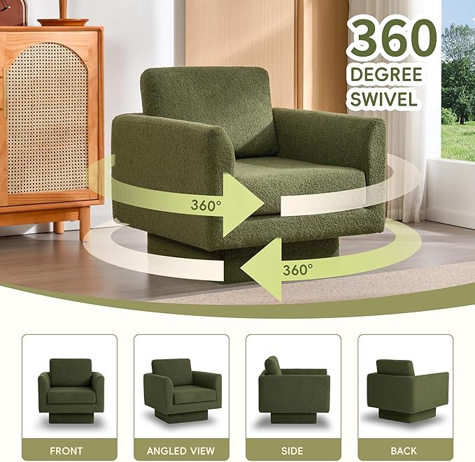 360° Swivel Modern Accent Chair 30 W Teddy Velvet Sherpa Fabric Armchair Thick Padded Upholstered Barrel Chair Comfy Lounge Sofa Reading Club Chair for Living Room Bedroom Nursery (Green)