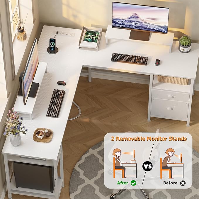 Furologee 66” L Shaped Desk with Power Outlet Reversible Computer Gaming Desk with File Drawer &amp 2 Monitor Stands for Home Office with Storage Shelves White