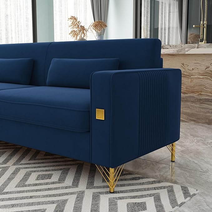 KEIKI 86 Oversized Luxury Velvet Sofa with Armrest and Removable Plush Cushions Gold Accents 3-Seater Couch with Solid Legs Easy Assembly for Living Room Bedroom Apartment Blue