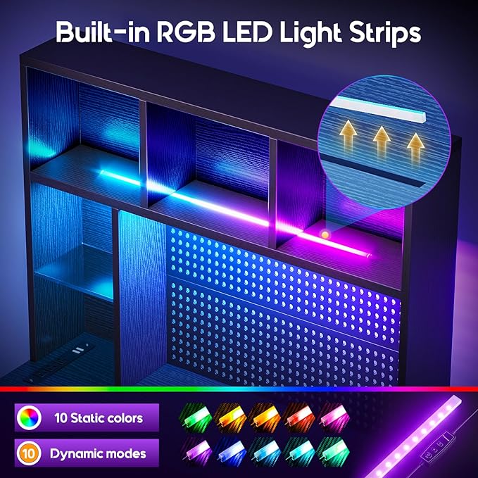 AODK 71 L Shaped Gaming Desk with Hutch Pegboard &amp Shelves L Shaped Desk with 4 Drawers Integrated LED Light Strip &amp Power Outlets Reversible PC Gaming Computer Desk Black