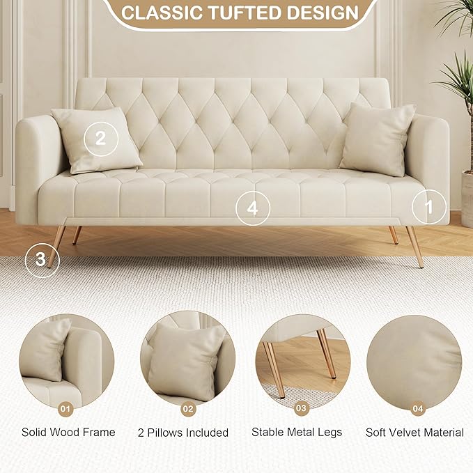 71 Futon Sofa Bed VelvetConvertible Sleeper Sofa CouchModern Folding Futonwith 3 Adjustable Backrests and 2 Pillowsfor Small Living Room Bedroom Office (Beige)