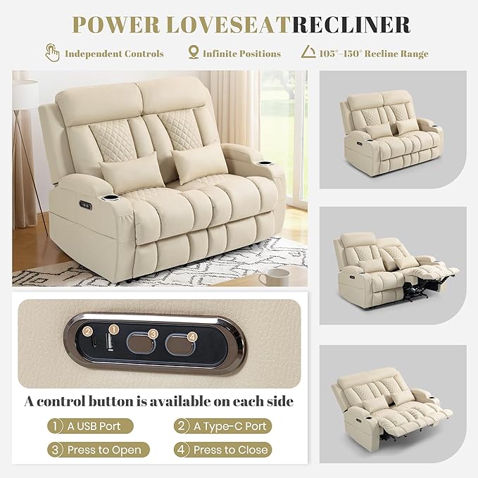 Zero Wall Hugger Power Reclining Loveseat with Adjustable Headrest Fabric Electric Recliner Sofa with USB &amp Type-C Ports Dual Cup Holders 2-Seater Couch for Living Room RV Home Theater (Beige