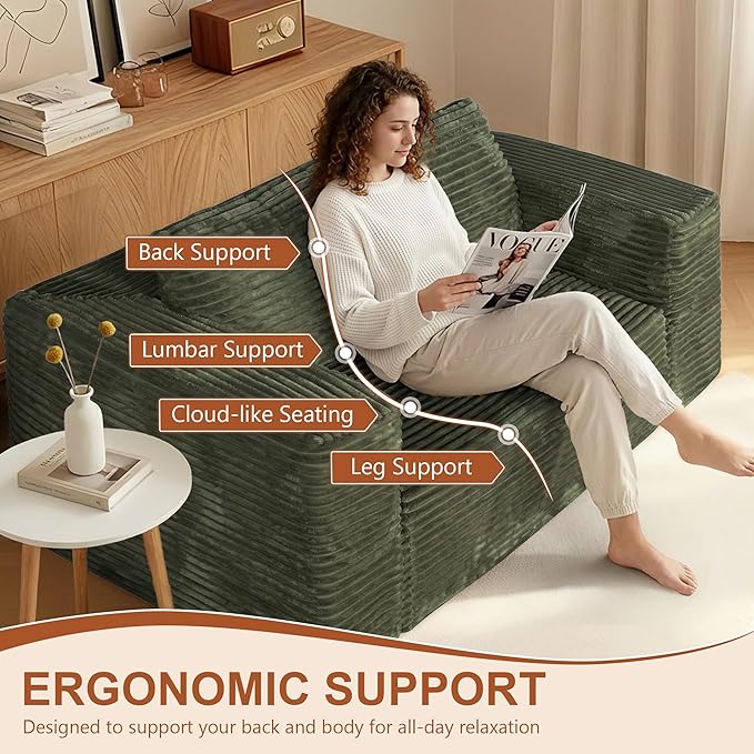 63 Boneless Cloud Couch Sofa 2 Seater Deep Seat Modern Lounge Sleeper Couch in a Box No Assemble Corduroy Compression Upholstered Small Couches for Small Spaces Apartment（Green）