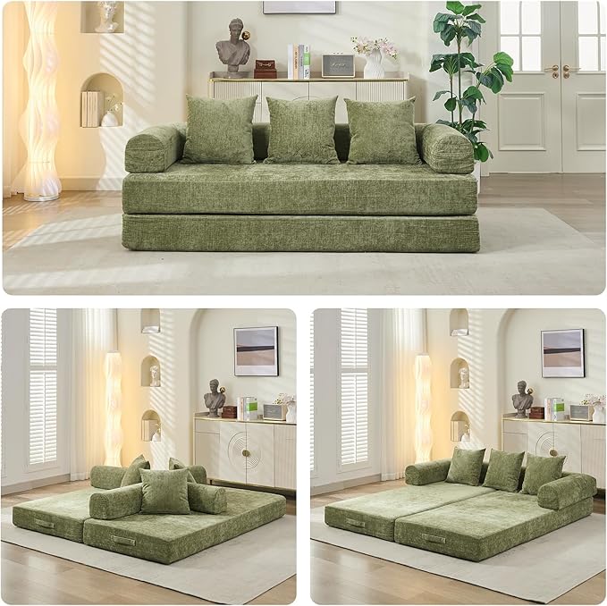 Convertible Sofa Bed 4-in-1 Floor Foldable Couch Bed with Armrests &amp Pillow Chenille Fabric No Assembly Required Comfy Memory Foam Couch Lounge Sofa for Living Room Green