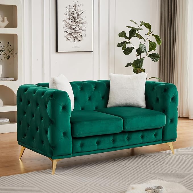 KEIKI 61 Luxury Oversized Velvet Chesterfield Sofa with 2 Pillows Mid-Century Style 2-Seater Tufted Buttons Couch with High-Density Foam Cushions Easy Assembly for Apartment Living Room Green