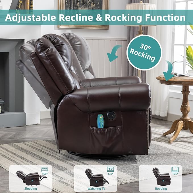 MEETWARM Massage Swivel Rocker Recliner with Heat and Vibration Manual Glider Rocking Recliner Chair 360°Swivel Lounge Reclining Chair with Remote Control/USB Ports for Living Room(Dark Brown)