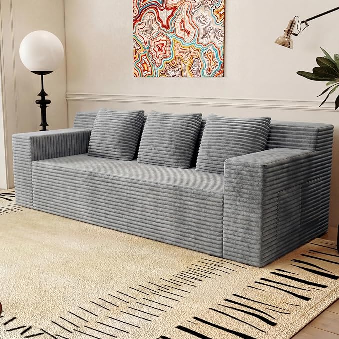Boneless Couches for Living Room 71 Modern 3 Seater Sofa with Deep Seat Comfy Cloud Sofa with Corduroy Fabric No Assembly Couch Couches for Bedroom Dorm Apartment (Light Gray)